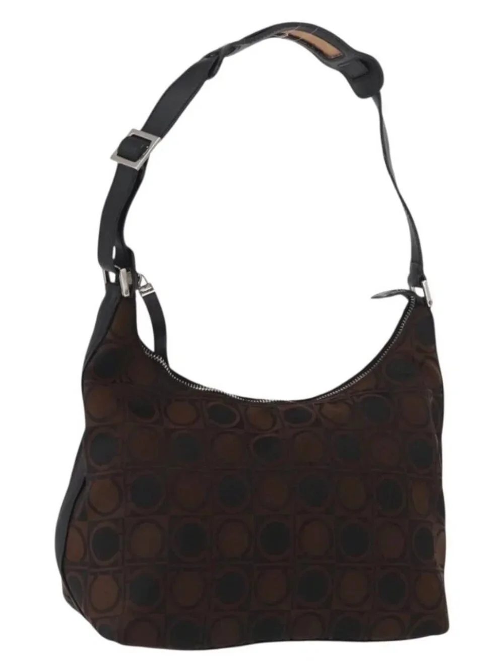Salvatore Ferragamo Gancini Shoulder Bag Nylon Brown Silver Auth BA9517
